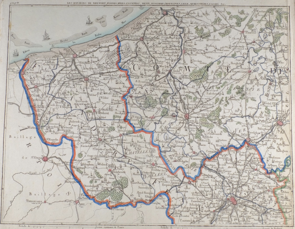 J-B DE BOUGE (1757-1833) & JEANNE MAILLART (XVIII ÈME). CARTE de NIEUPORT,COURTRAI,LILLE,FURNES
