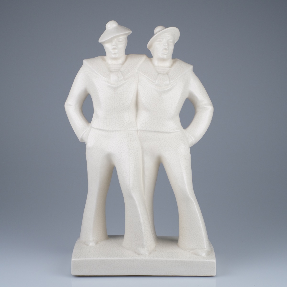 Edouard CAZAUX (1889- 1974)" DEUX MARINS EN GOGUETTE" Sculpture en céramique émaillée craquelée-photo-2