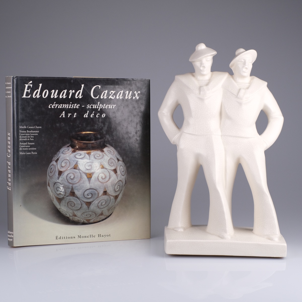Edouard CAZAUX (1889- 1974)" DEUX MARINS EN GOGUETTE" Sculpture en céramique émaillée craquelée-photo-6