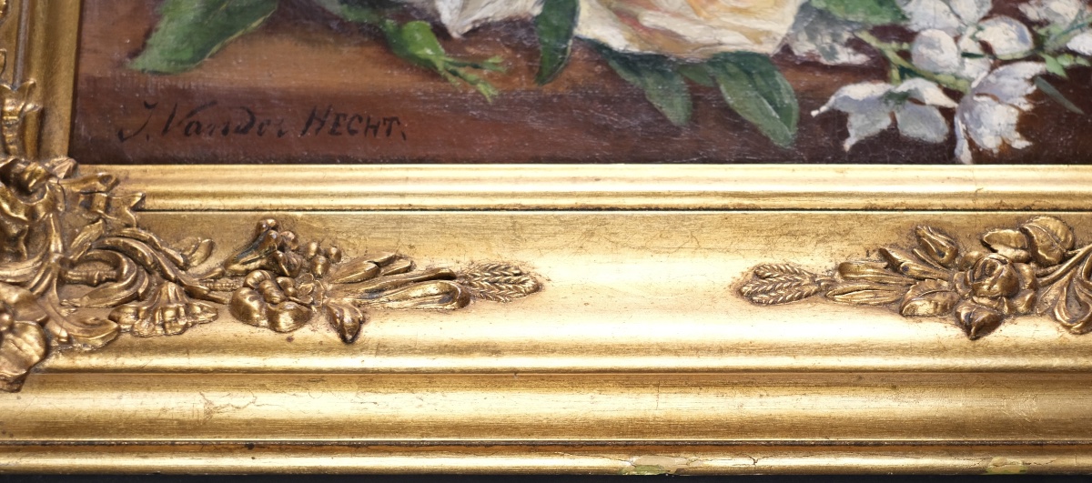J.Vander Hecht - Nature morte aux roses et coupes-Huile sur toile - XIX ème -Cadre Napoléon III-photo-2