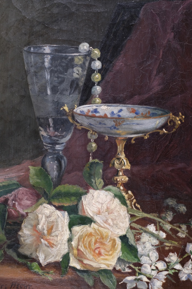J.Vander Hecht - Nature morte aux roses et coupes-Huile sur toile - XIX ème -Cadre Napoléon III-photo-3