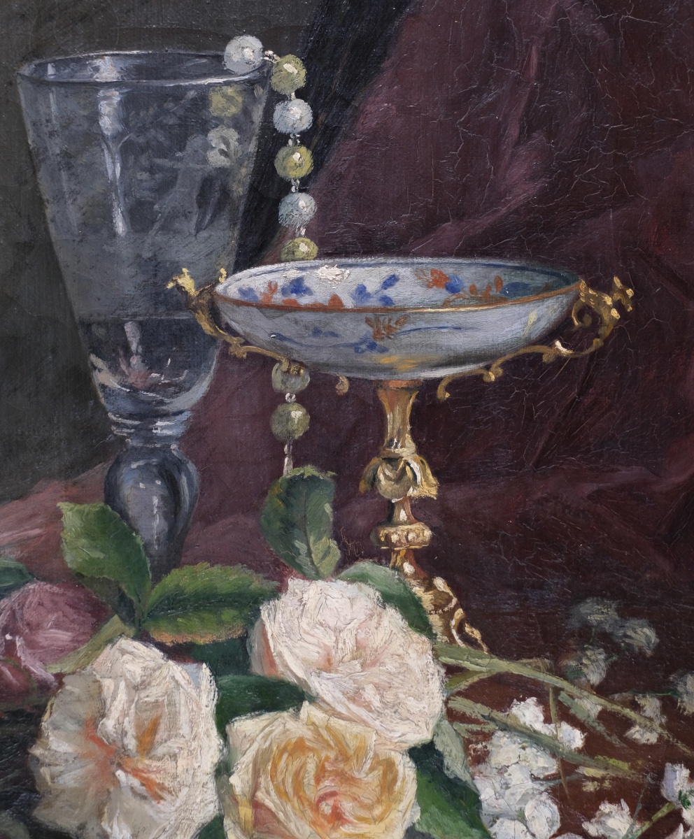 J.Vander Hecht - Nature morte aux roses et coupes-Huile sur toile - XIX ème -Cadre Napoléon III-photo-2