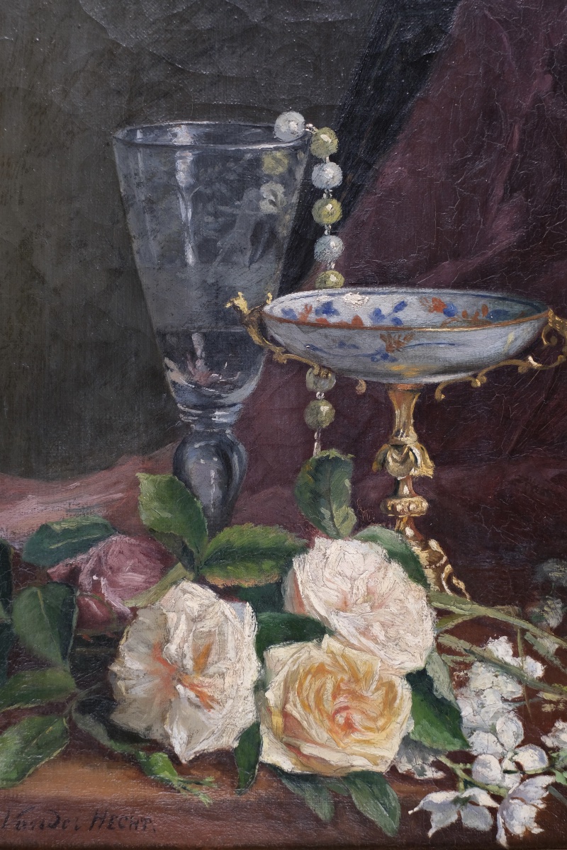 J.Vander Hecht - Nature morte aux roses et coupes-Huile sur toile - XIX ème -Cadre Napoléon III-photo-3