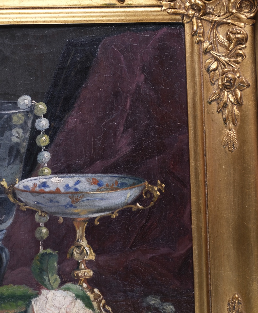 J.Vander Hecht - Nature morte aux roses et coupes-Huile sur toile - XIX ème -Cadre Napoléon III-photo-4