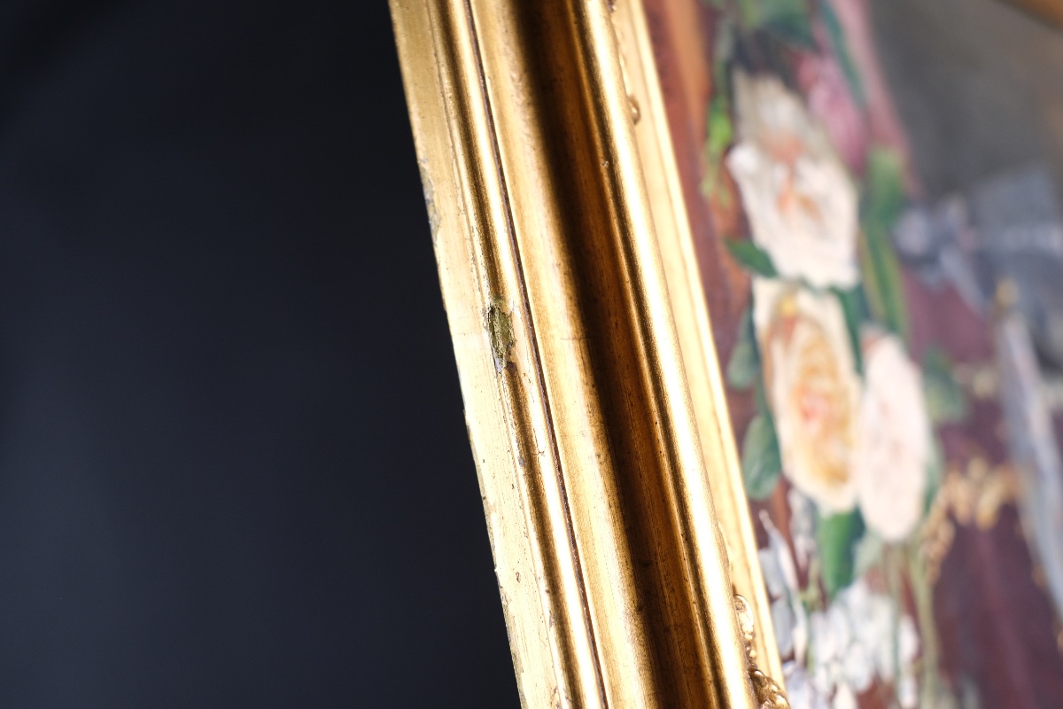 J.Vander Hecht - Nature morte aux roses et coupes-Huile sur toile - XIX ème -Cadre Napoléon III-photo-7