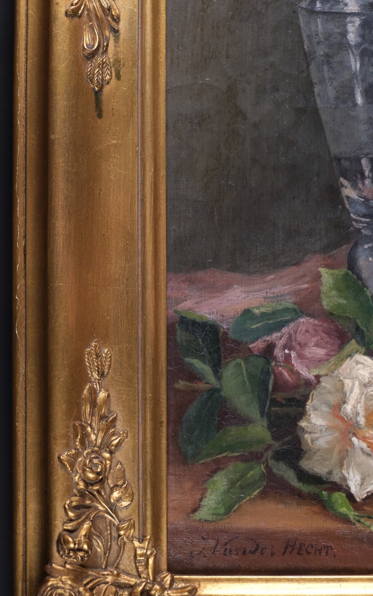 J.Vander Hecht - Nature morte aux roses et coupes-Huile sur toile - XIX ème -Cadre Napoléon III-photo-8