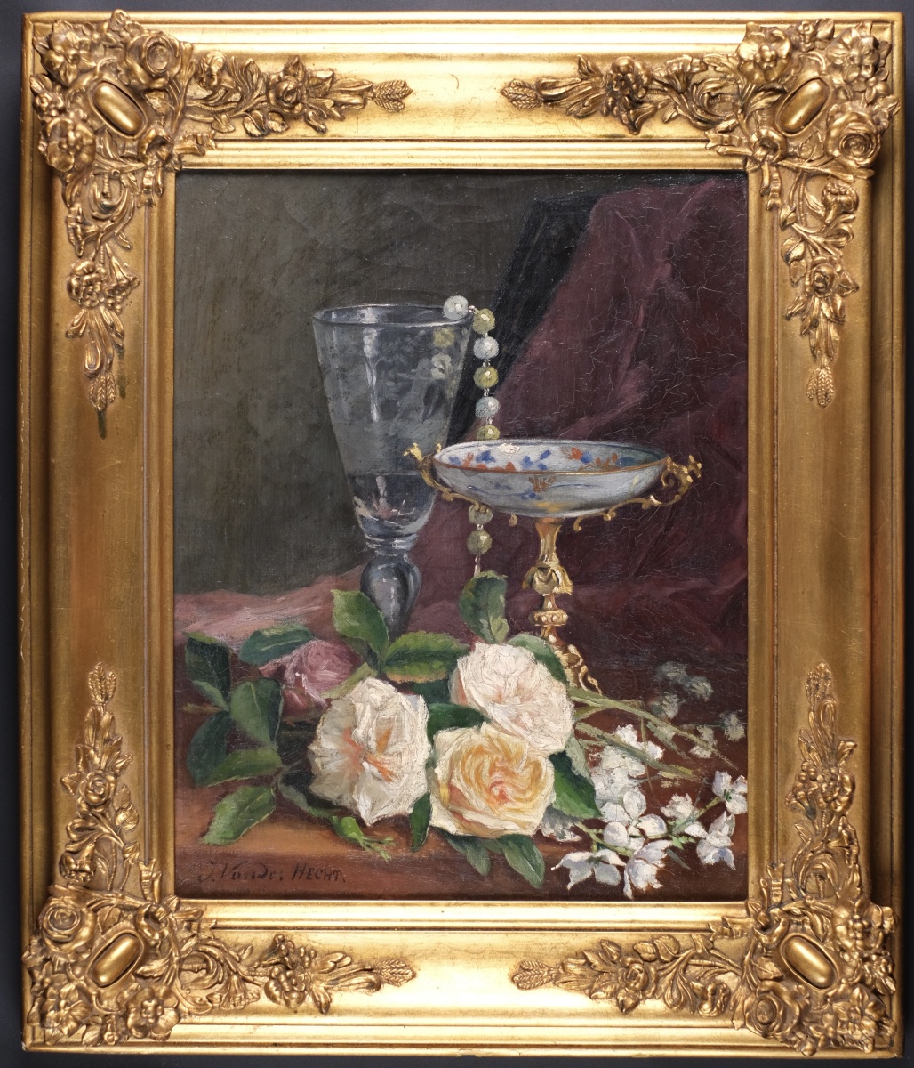 J.Vander Hecht - Nature morte aux roses et coupes-Huile sur toile - XIX ème -Cadre Napoléon III