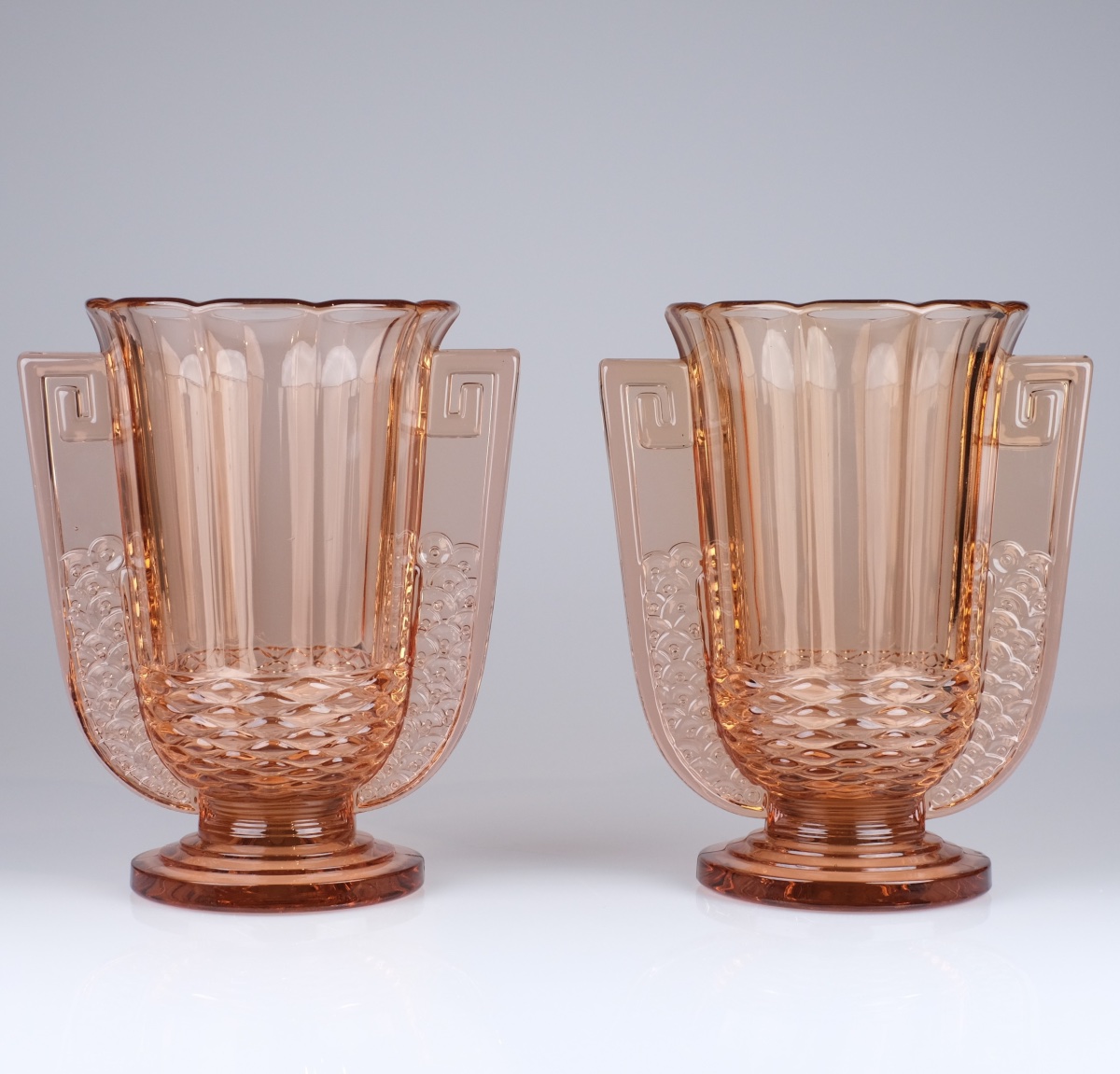 Pair Of Pink "romeo" Vases. C. Graffart - R. Delvenne. Art Deco, Circa 1935. Val Saint Lambert-photo-2