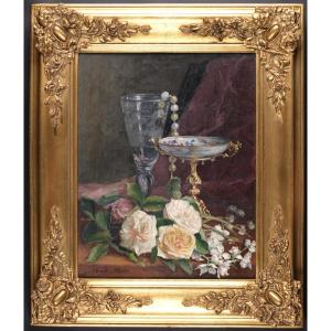 J.Vander Hecht - Nature morte aux roses et coupes-Huile sur toile - XIX ème -Cadre Napoléon III