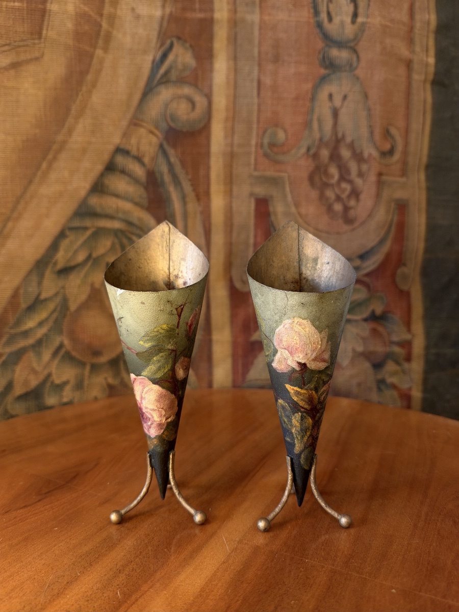 Pair Of Painted Sheet Metal Vases-photo-2