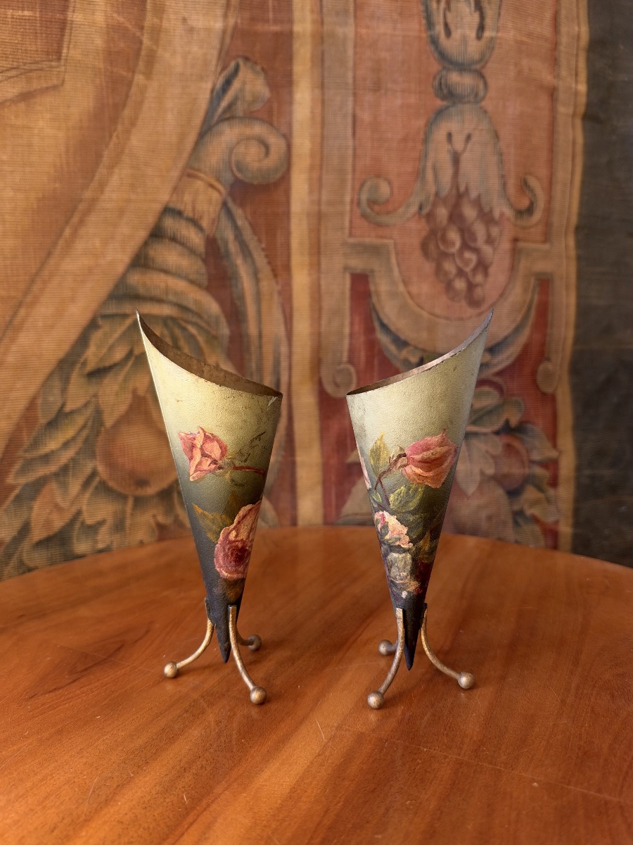 Pair Of Painted Sheet Metal Vases-photo-3