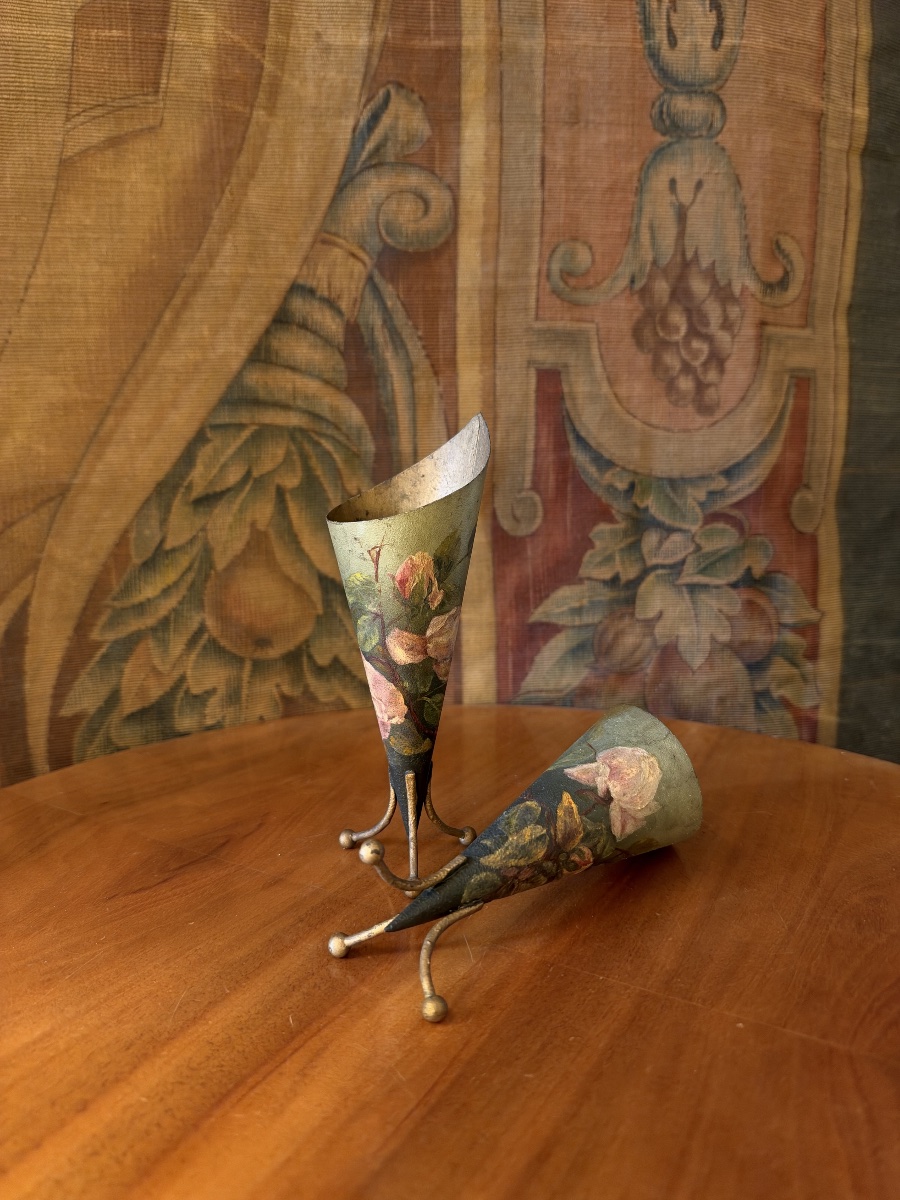 Pair Of Painted Sheet Metal Vases-photo-2