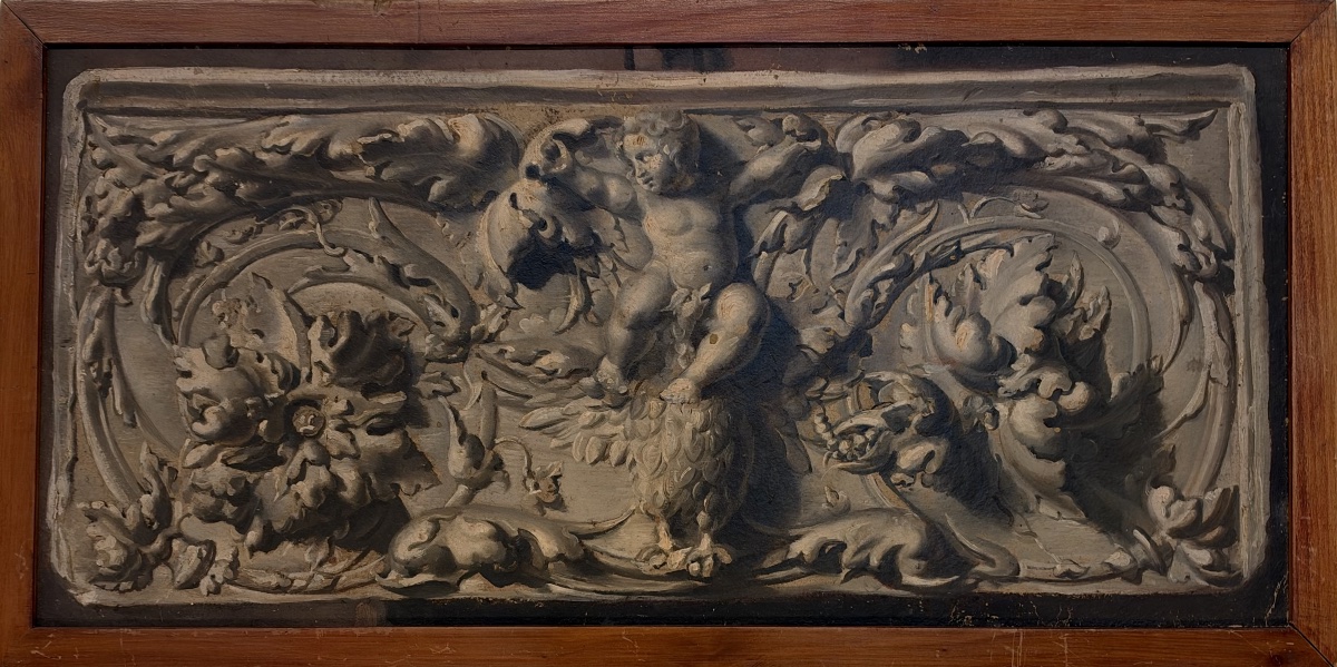 Supraporte en trompe l'oeil "Cupid face Armatus"-photo-2
