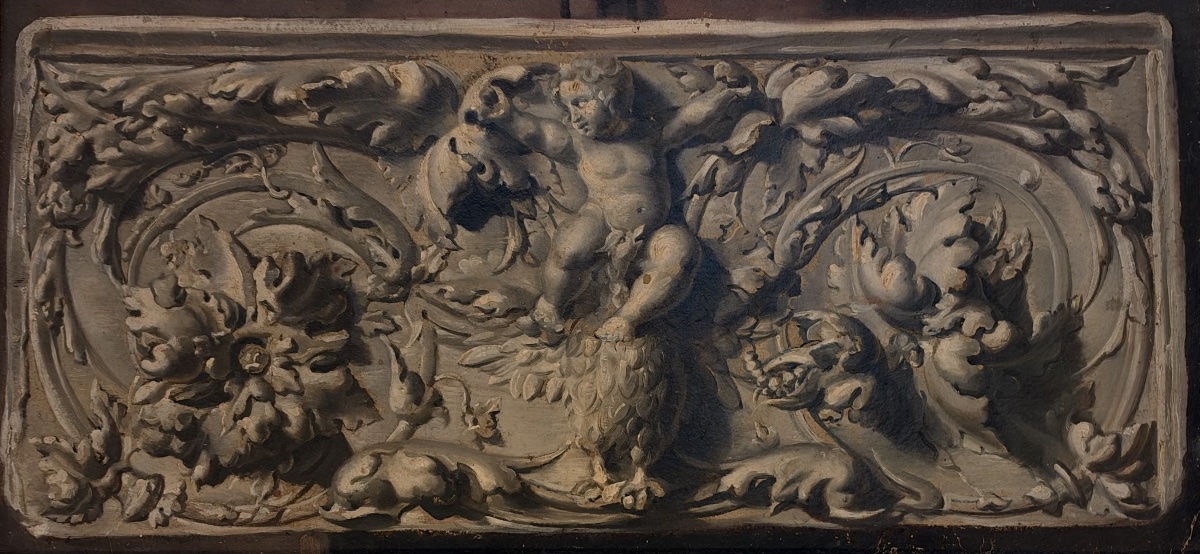 Supraporte en trompe l'oeil "Cupid face Armatus"-photo-3