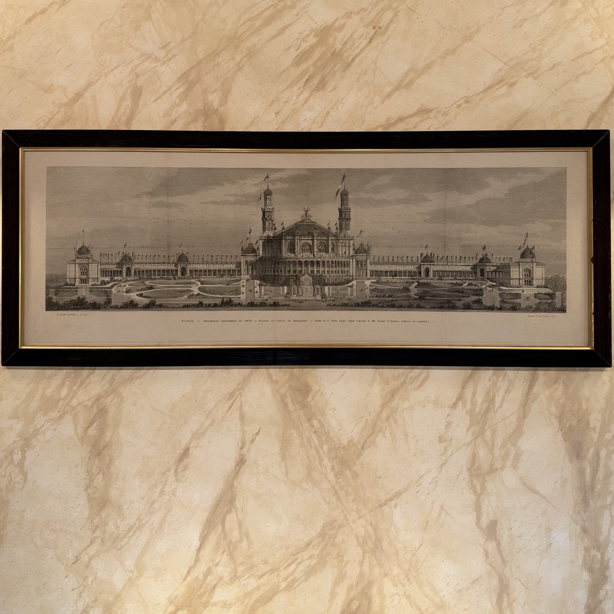 Importante gravure, Le palais du Trocadéro lors de l'Exposition universelle de Paris en 1878