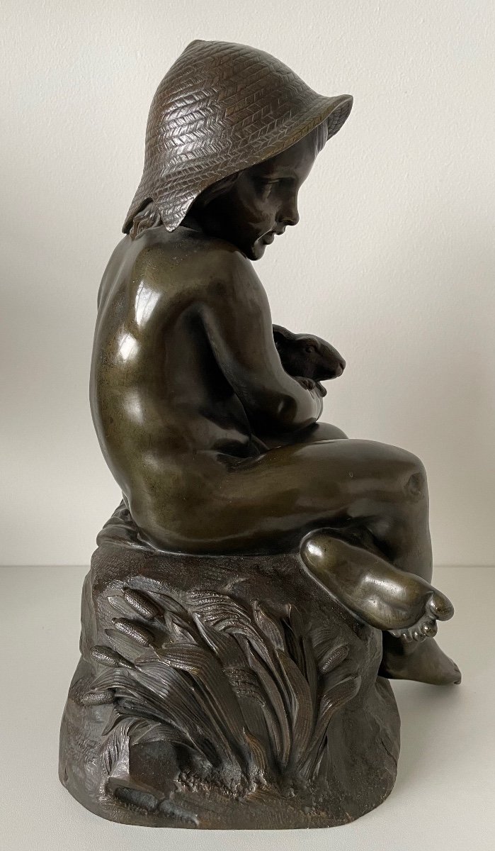 L Enfant Et Le Lapin , Sculpture En Bronze.-photo-2