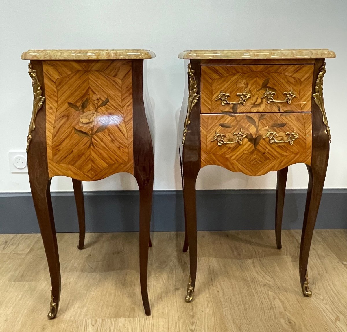 Pair Of Louis XV Style Marquetry Bedside Tables-photo-3
