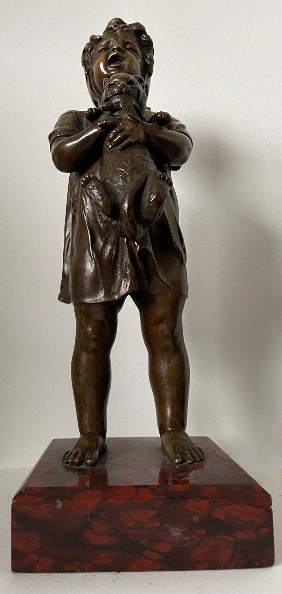Sculpture En Bronze Représentant Une Petite Fille Et Son Chat-photo-7
