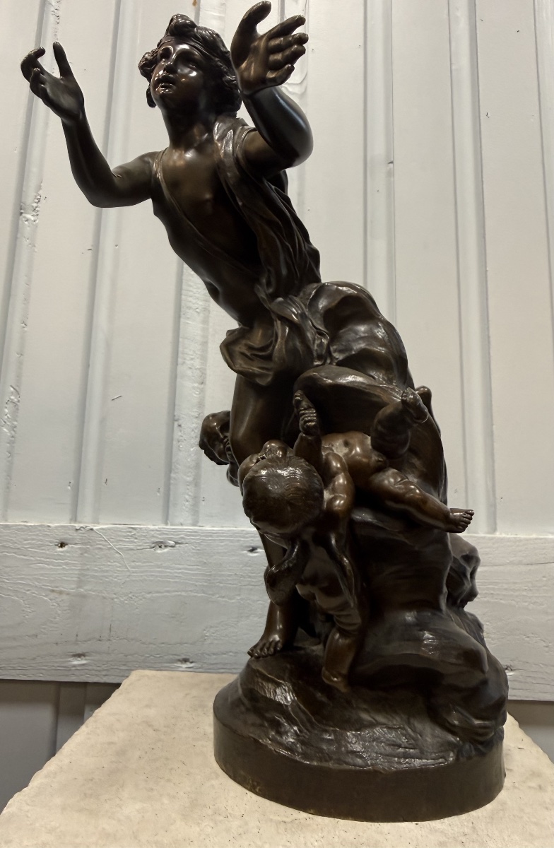 Bronze Statue Of Cupid Surrounded By Putti, Signed "clodion"-photo-1