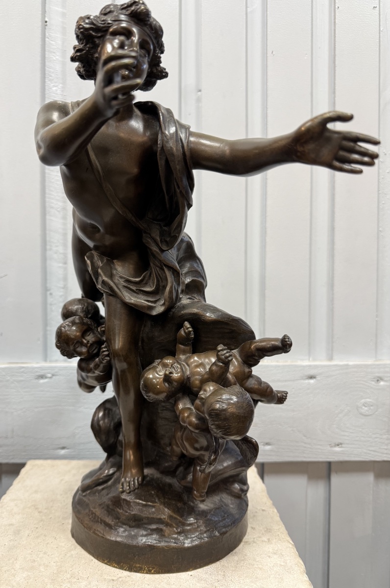 Bronze Statue Of Cupid Surrounded By Putti, Signed "clodion"-photo-7
