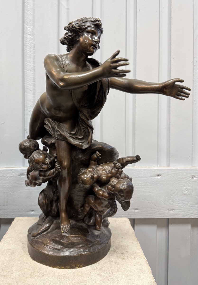 Bronze Statue Of Cupid Surrounded By Putti, Signed "clodion"