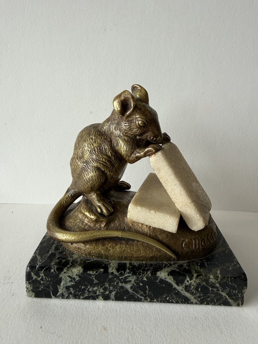 Mouse Nibbling On A Sugar Cube, Bronze Sculpture Signed "c Masson"-photo-2