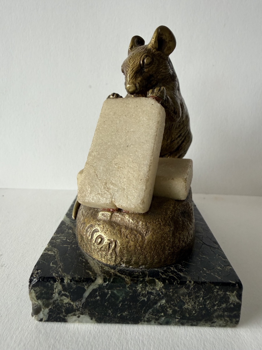 Mouse Nibbling On A Sugar Cube, Bronze Sculpture Signed "c Masson"-photo-3