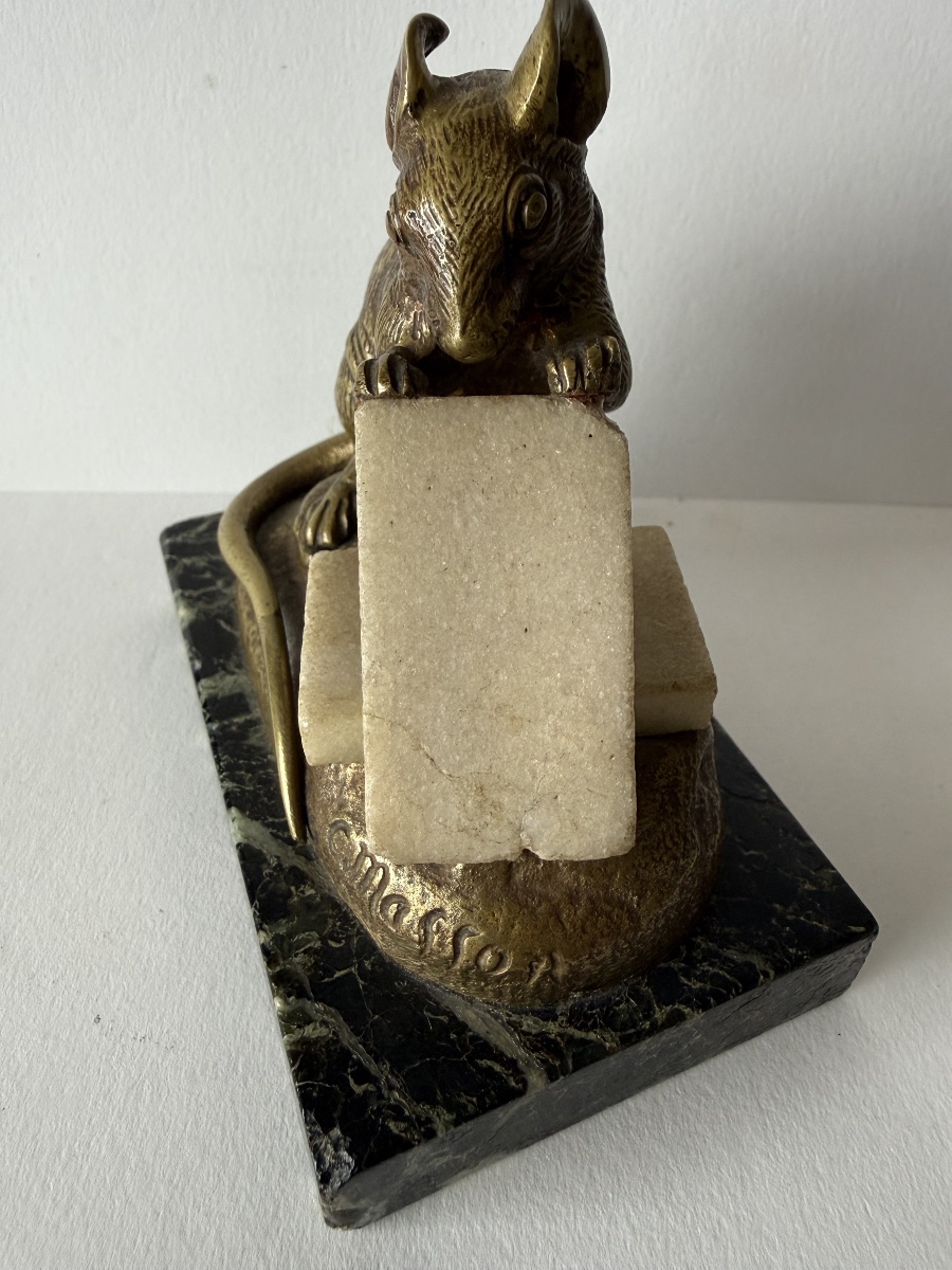 Mouse Nibbling On A Sugar Cube, Bronze Sculpture Signed "c Masson"-photo-4