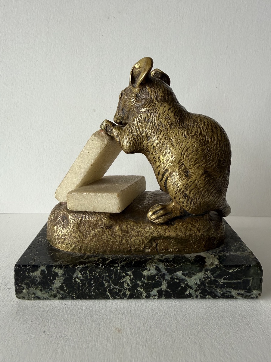 Mouse Nibbling On A Sugar Cube, Bronze Sculpture Signed "c Masson"-photo-1