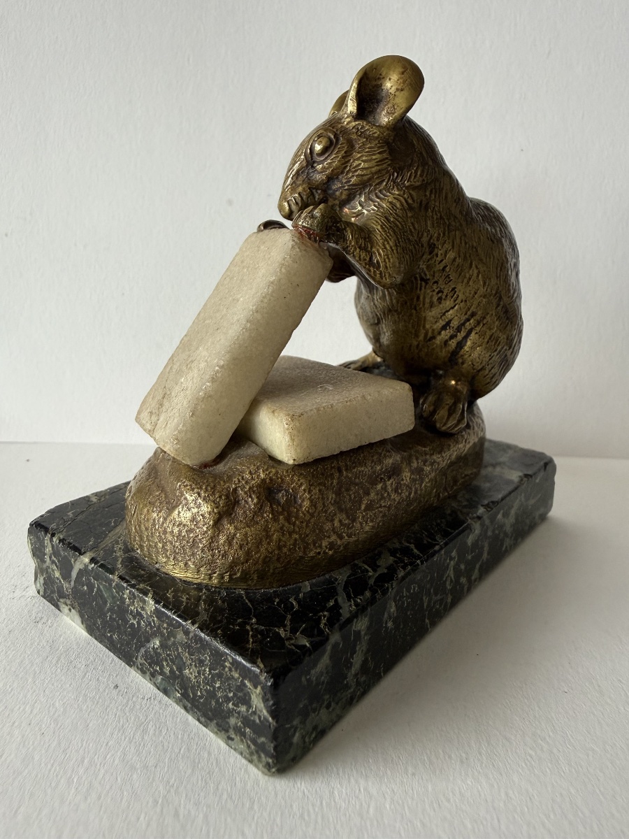 Mouse Nibbling On A Sugar Cube, Bronze Sculpture Signed "c Masson"-photo-2