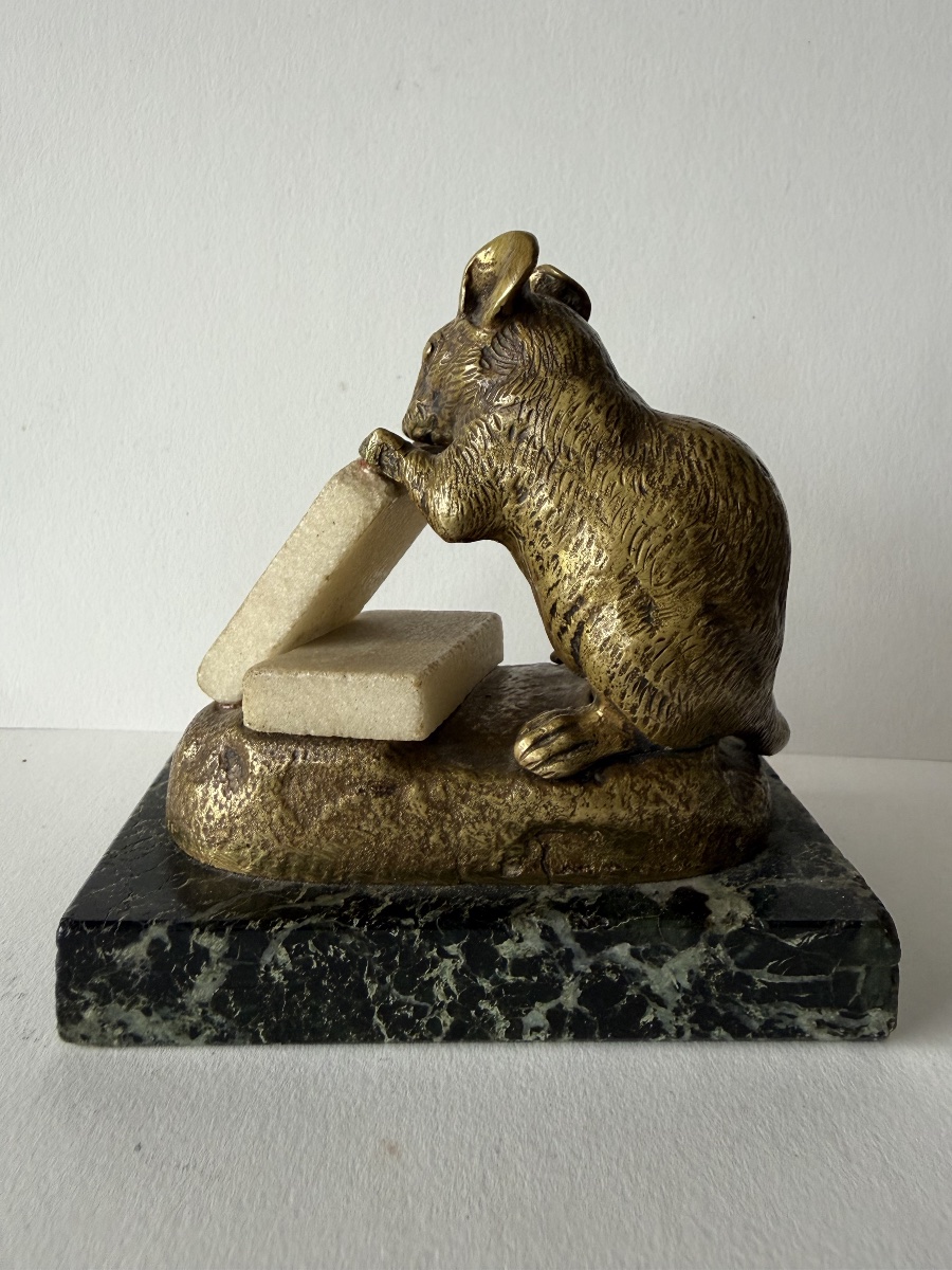 Mouse Nibbling On A Sugar Cube, Bronze Sculpture Signed "c Masson"-photo-3