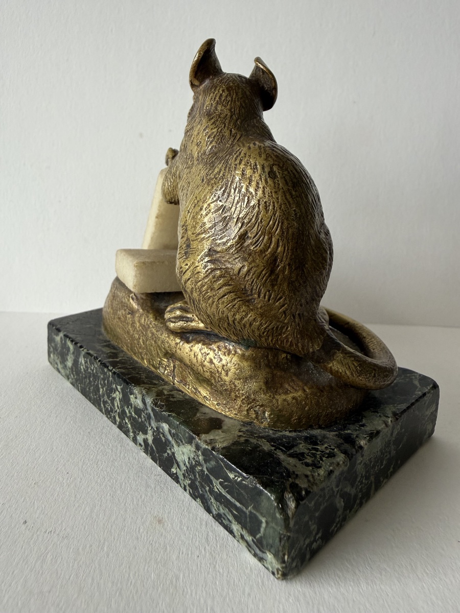 Mouse Nibbling On A Sugar Cube, Bronze Sculpture Signed "c Masson"-photo-4