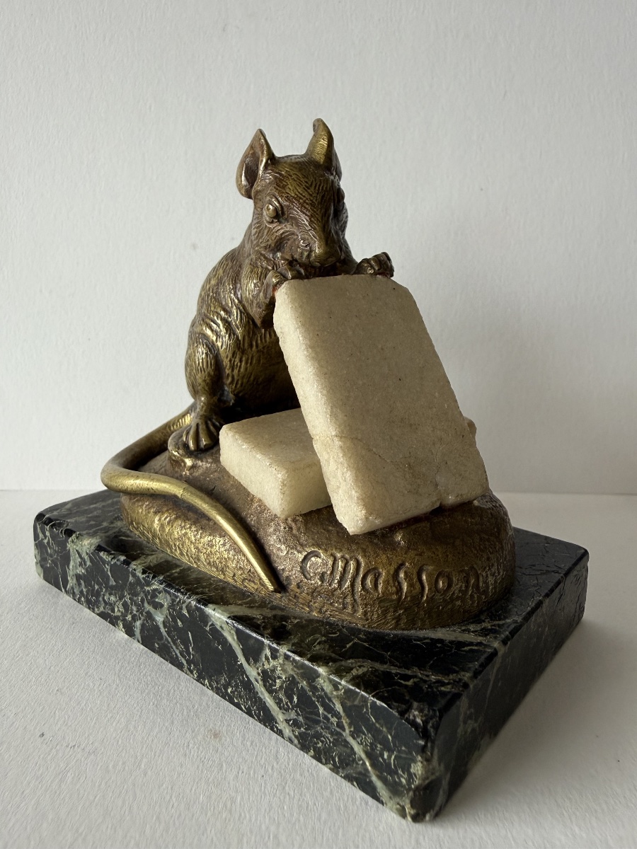 Mouse Nibbling On A Sugar Cube, Bronze Sculpture Signed "c Masson"
