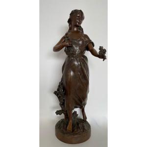 Young Girl With A Bouquet Of Roses, Bronze Sculpture Signed Belin