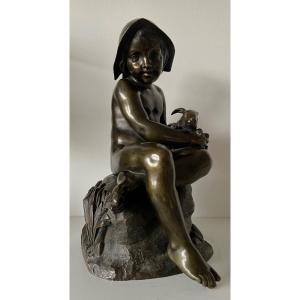 L Enfant Et Le Lapin , Sculpture En Bronze.