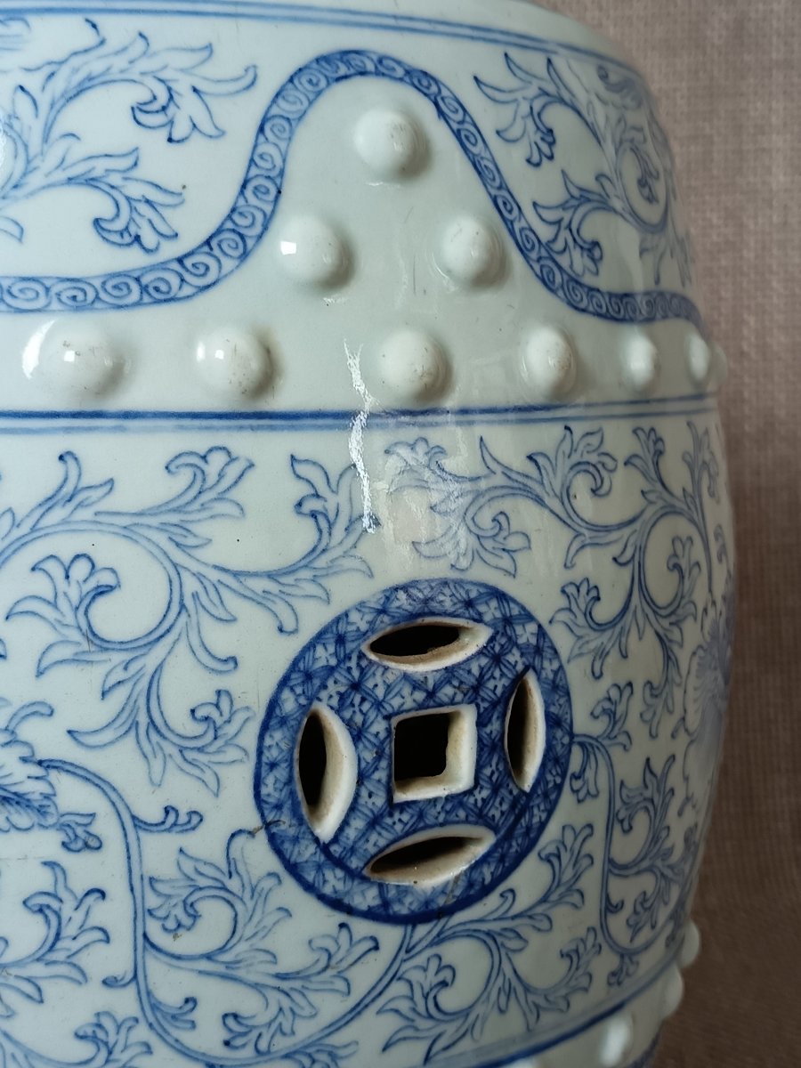 Tabouret de jardin en porcelaine bleue blanc, Chine, XIX°, monté en lampe -photo-3