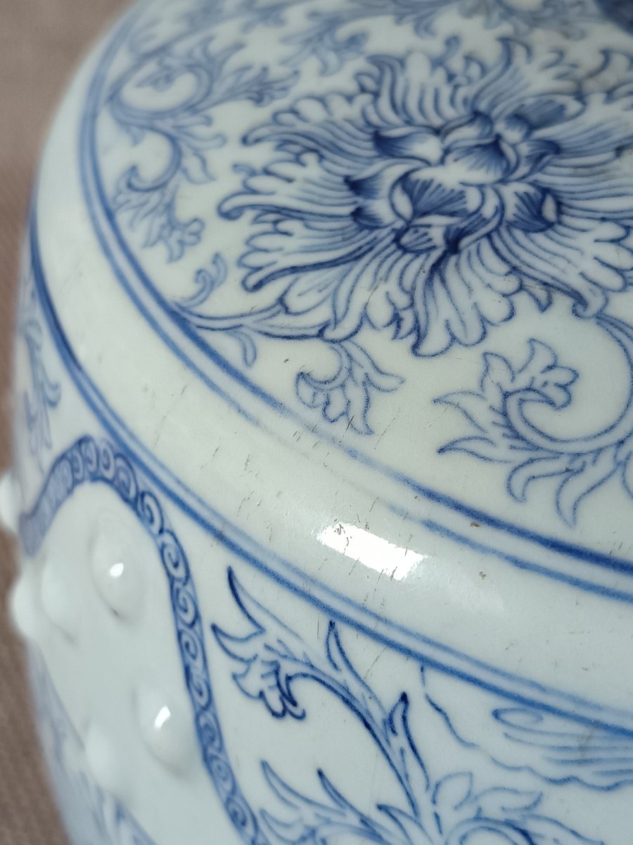 Tabouret de jardin en porcelaine bleue blanc, Chine, XIX°, monté en lampe -photo-4