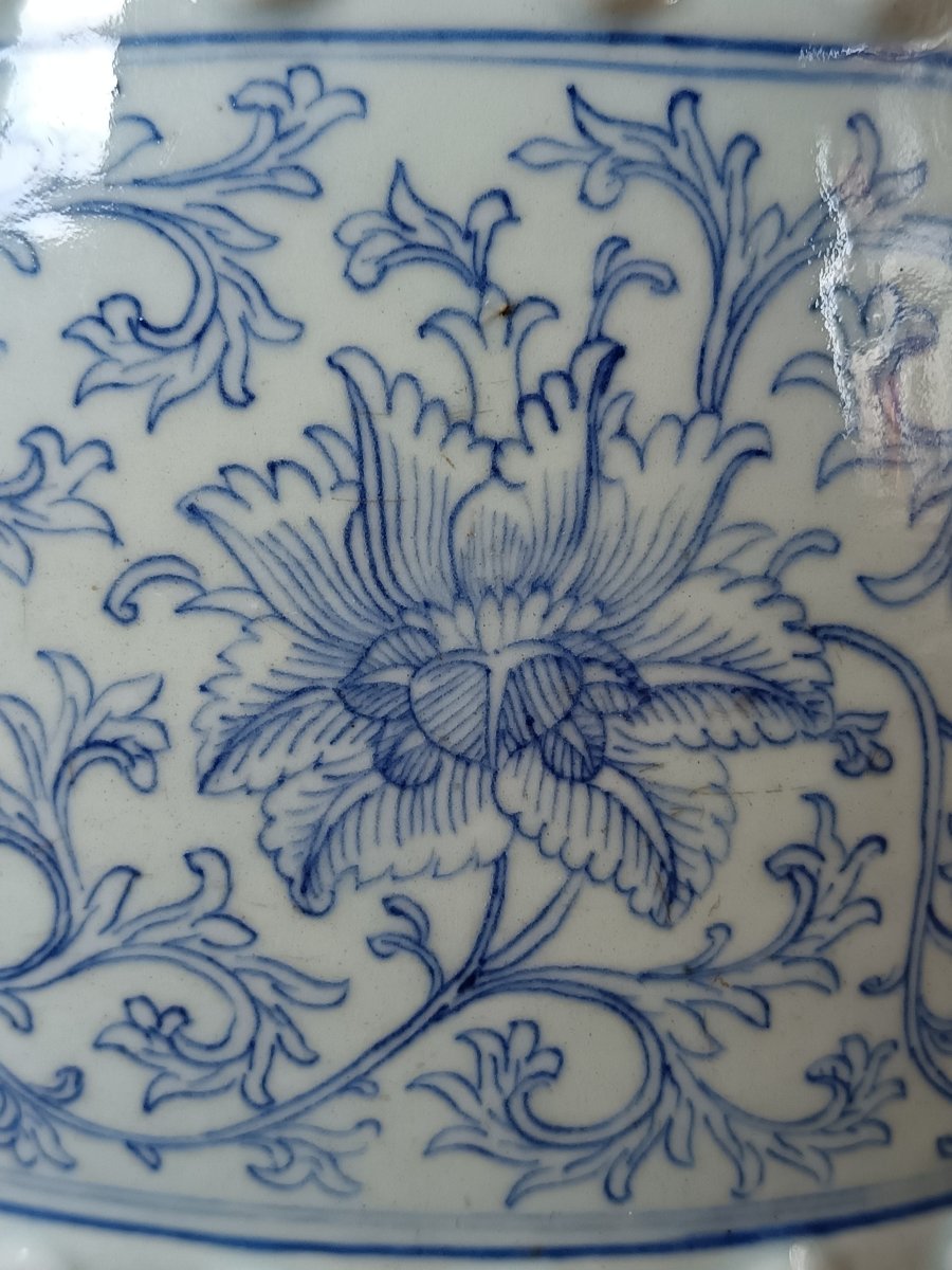 Tabouret de jardin en porcelaine bleue blanc, Chine, XIX°, monté en lampe -photo-5