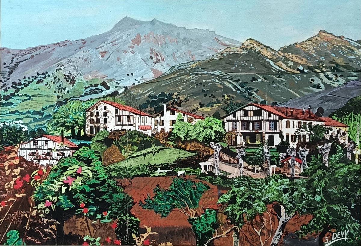 Paysage basque vers 1960 signé S. DEVY– gouache sur papier