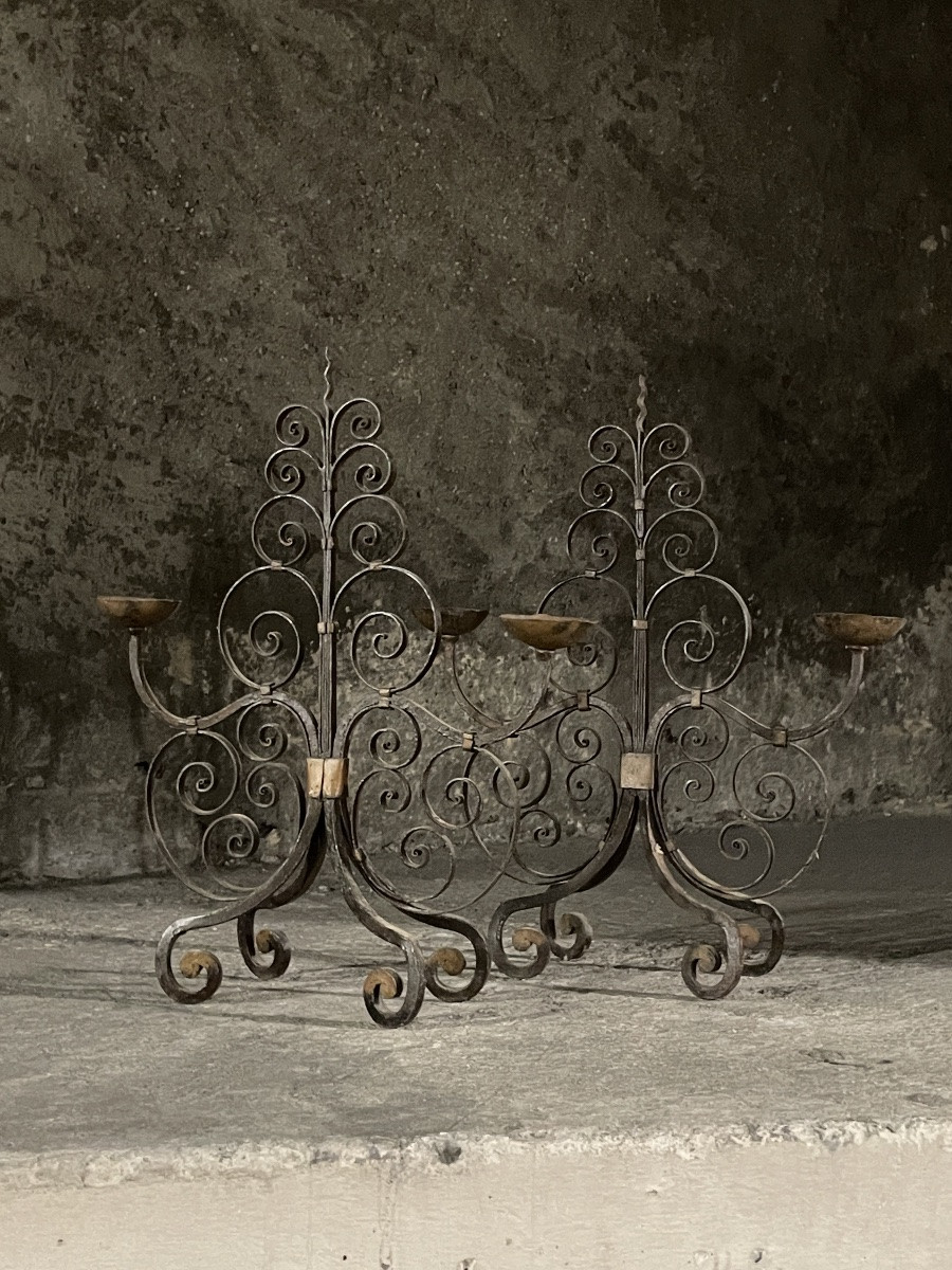Paire de candélabre en fer forgé fabrication française, 19e-photo-2