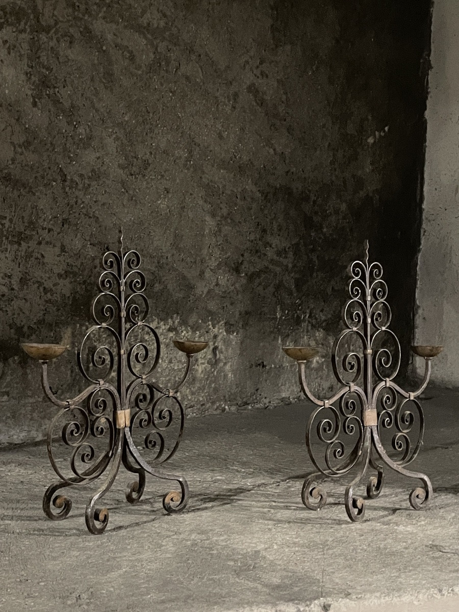 Paire de candélabre en fer forgé fabrication française, 19e-photo-2