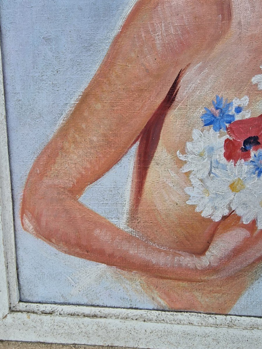 Tableau Portrait d'élégante Nue Au Bouquet De Fleurs Par Eugène Leliepvre -photo-2