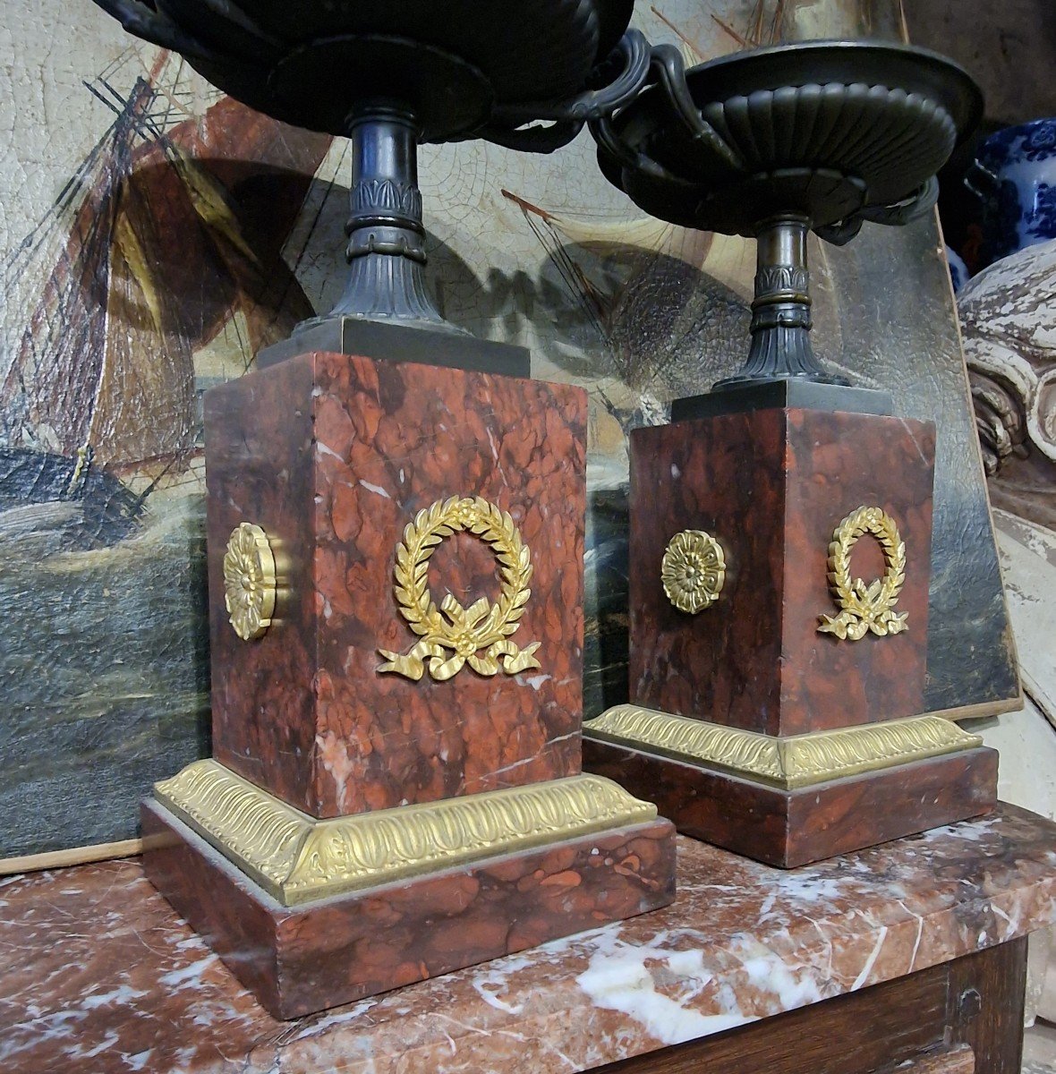 Pair Of Empire Cassolettes In Cherry Marble And Gilt Bronze-photo-2