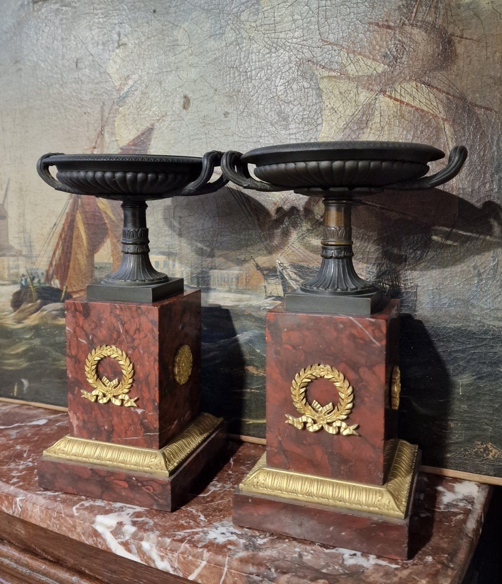 Pair Of Empire Cassolettes In Cherry Marble And Gilt Bronze-photo-1
