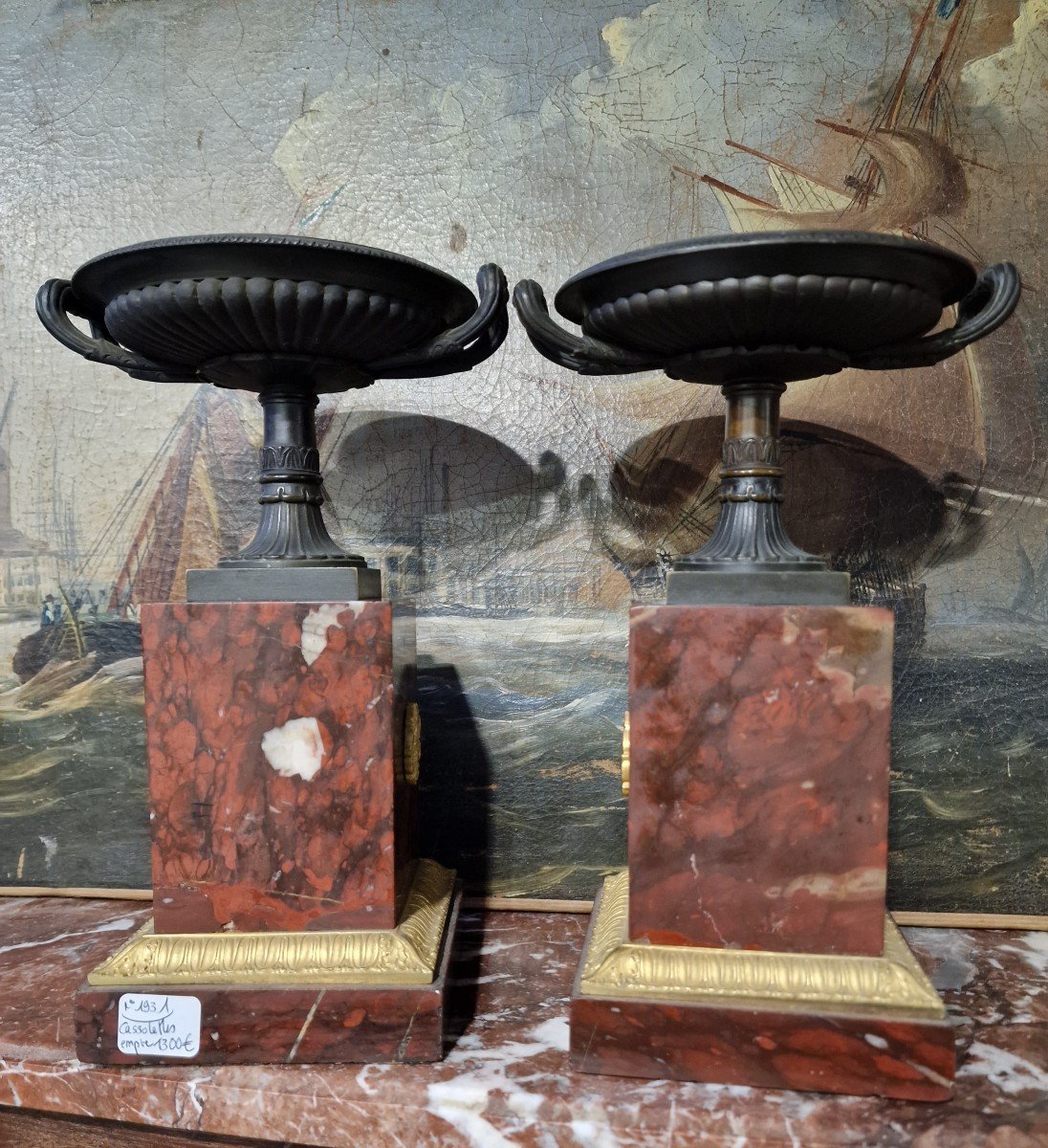 Pair Of Empire Cassolettes In Cherry Marble And Gilt Bronze-photo-4