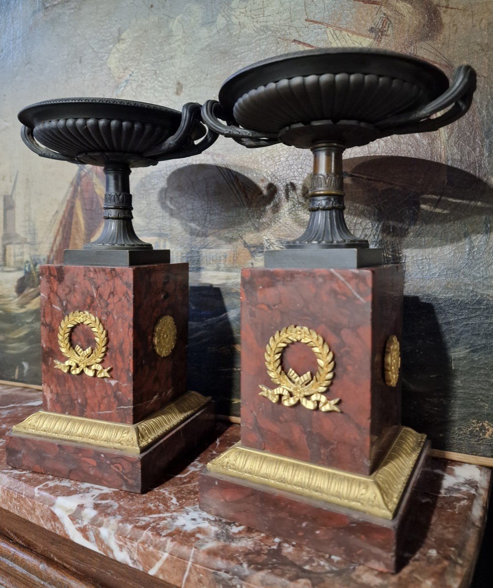 Pair Of Empire Cassolettes In Cherry Marble And Gilt Bronze