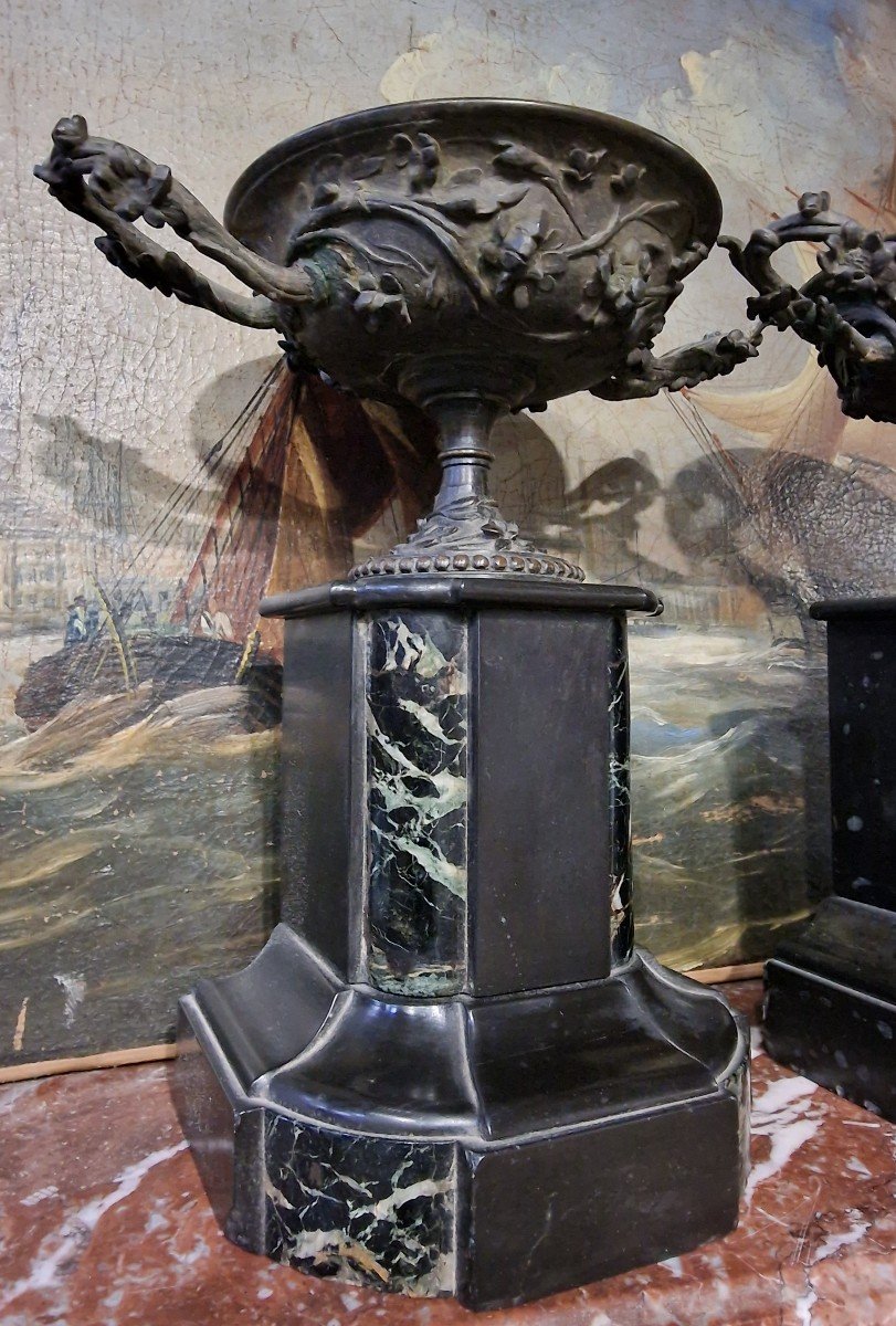 Paire De Cassolettes Napoléon III En Bronze Et Marbre St. Barbedienne -photo-4