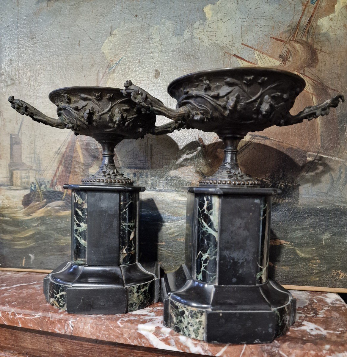 Paire De Cassolettes Napoléon III En Bronze Et Marbre St. Barbedienne -photo-5