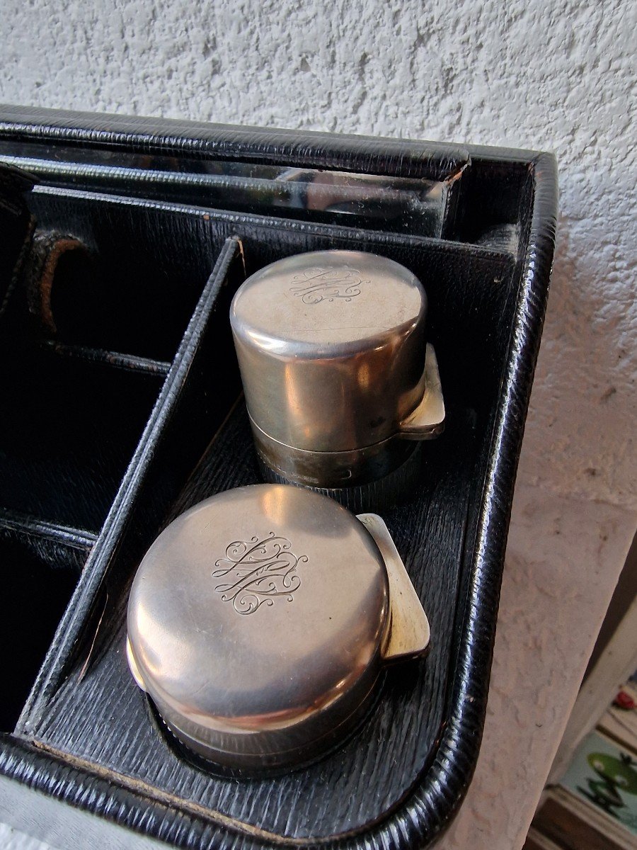 Nécessaire De Voyage automobile Toilette Avec Montre Régulateur Et Flacons Argent Massif Et Vaporisateur-photo-3