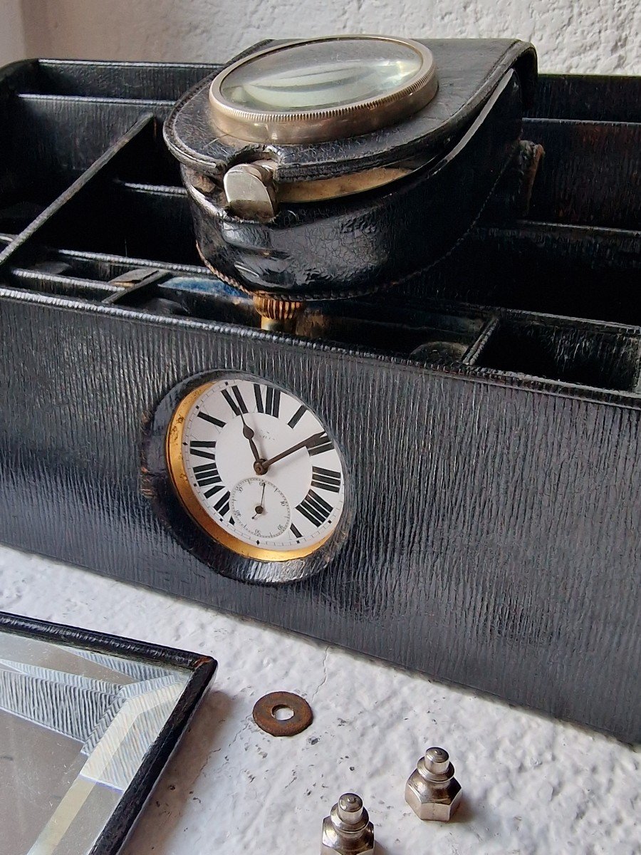 Nécessaire De Voyage automobile Toilette Avec Montre Régulateur Et Flacons Argent Massif Et Vaporisateur-photo-5